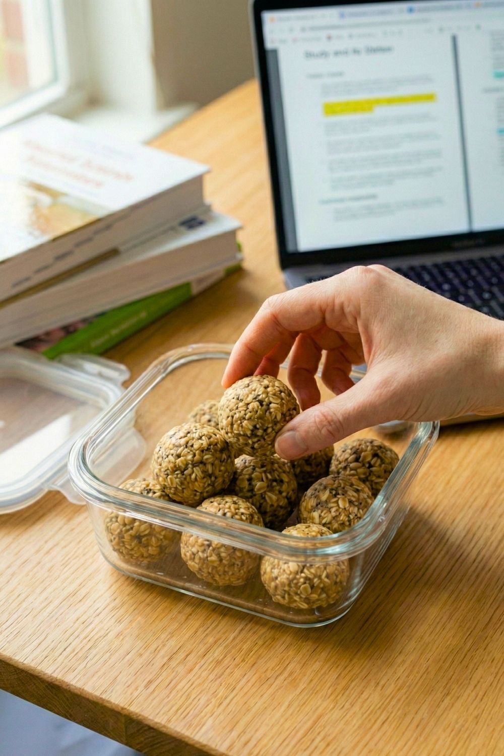 Finished no-bake peanut butter protein balls ready to eat from the meal prep container