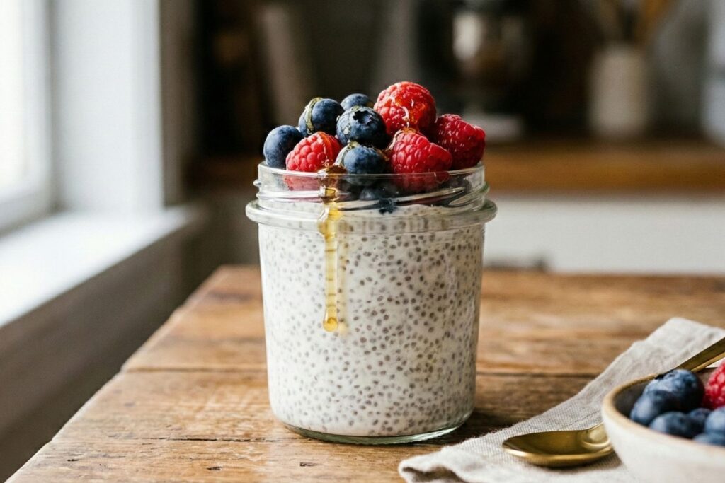 Woman holding a spoonful of anti-inflammatory chia seed pudding topped with fresh berries and almond butter for a healthy breakfast.