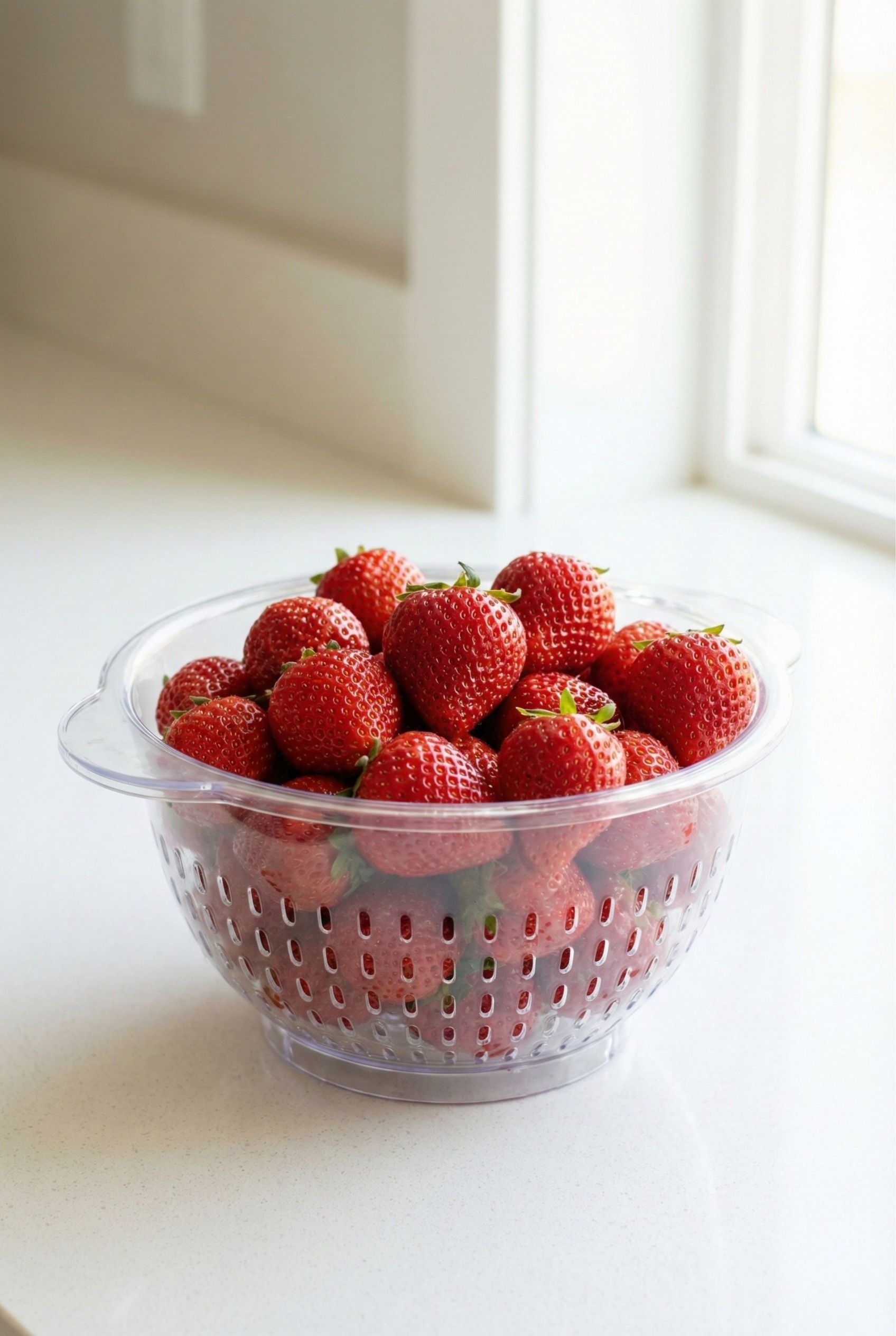 Fresh strawberries and blueberries washed and stored in a clear produce saver bin with a built-in colander to prevent spoilage.