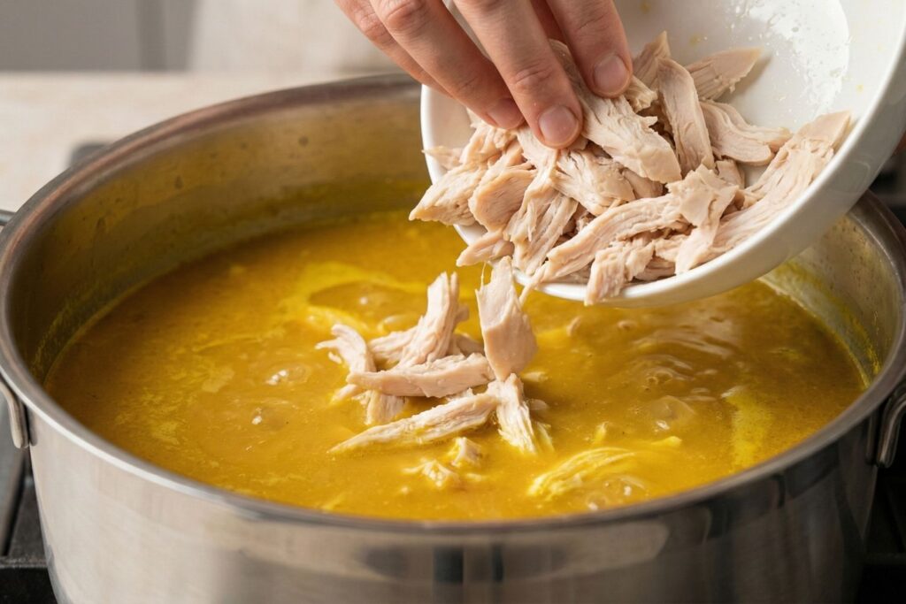 Adding a generous portion of cooked shredded chicken breast into the simmering turmeric broth to increase the protein content for hair growth.