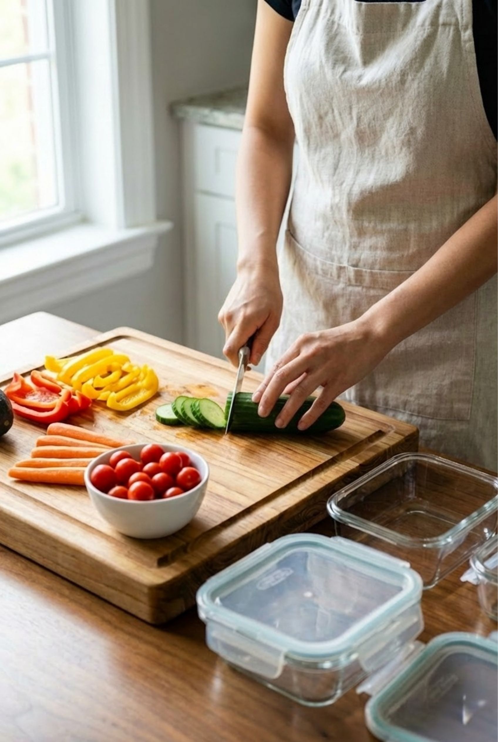 Woman chopping fresh cucumbers on a wooden cutting board for healthy weekly meal prep and fridge restocking.