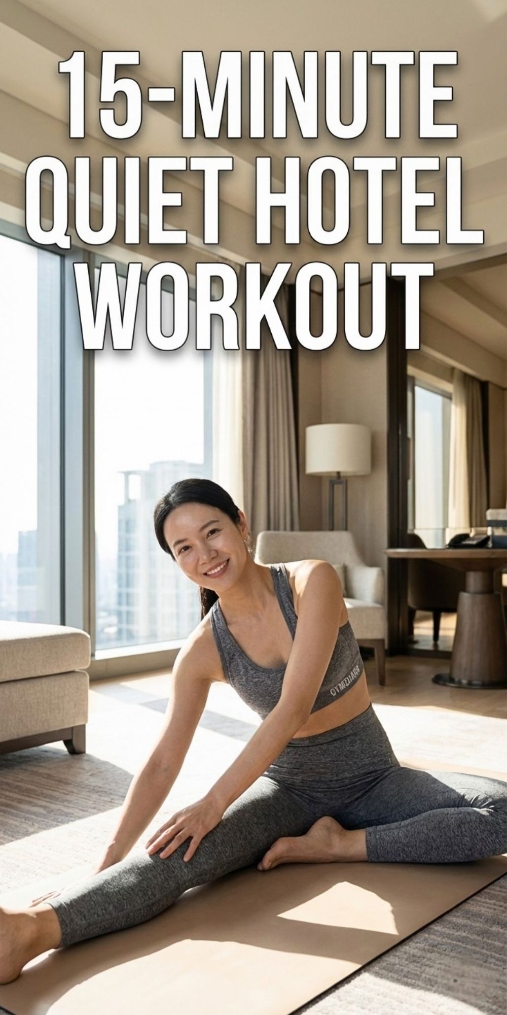 Pinterest graphic for a quiet travel workout. A fit woman in grey activewear poses in a sunny hotel room with a yoga mat. Text overlay reads: '15-Minute Quiet Hotel Workout'. Perfect for small spaces and no equipment