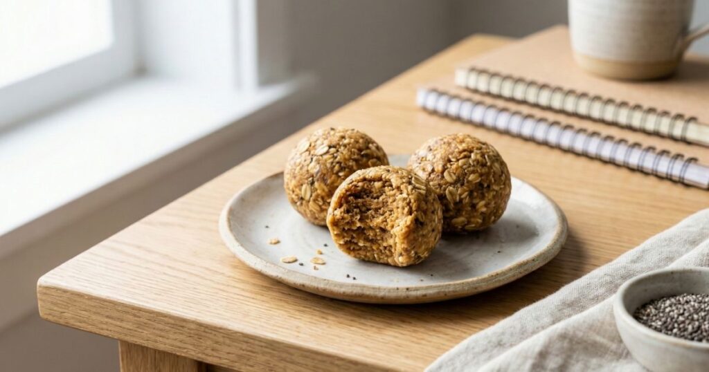 Close-up detail shot of 5-ingredient protein ball ingredients in a bowl. High-protein, low-budget study snack for students featuring oats, peanut butter, and protein powder.