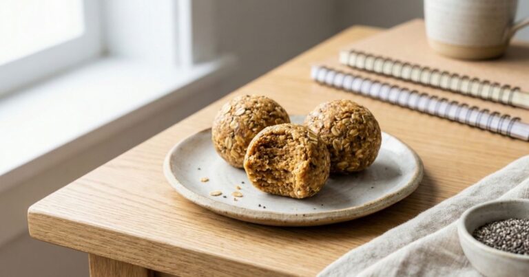 Close-up detail shot of 5-ingredient protein ball ingredients in a bowl. High-protein, low-budget study snack for students featuring oats, peanut butter, and protein powder.