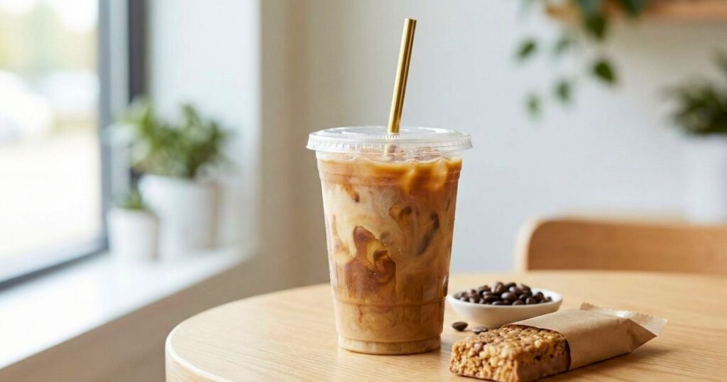 High protein Starbucks copycat iced coffee in a clear venti cup with a gold straw and protein bar on a wooden table.