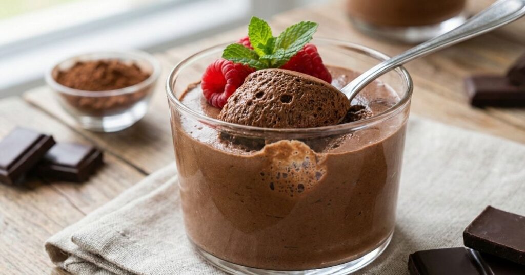 A silver spoon digging into a fluffy jar of Low-FODMAP chocolate mousse, highlighting the airy texture and dark chocolate flavor.