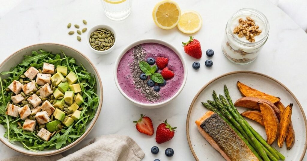 A full day of healthy eating for glowing skin arranged on a marble table. Features a berry smoothie bowl, chicken salad, yogurt snack jar, and roasted salmon plate surrounded by fresh lemon and berries