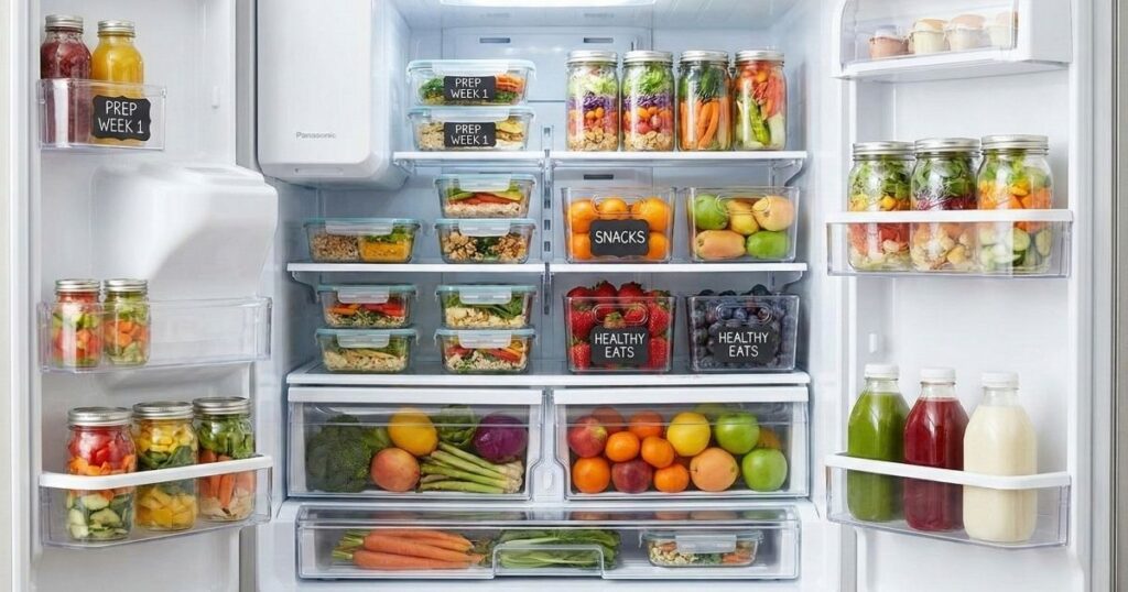 Ultimate guide to aesthetic meal prep showing a fully organized fridge with glass jars, labeled bins, and color-coded healthy foods optimized for weight loss.