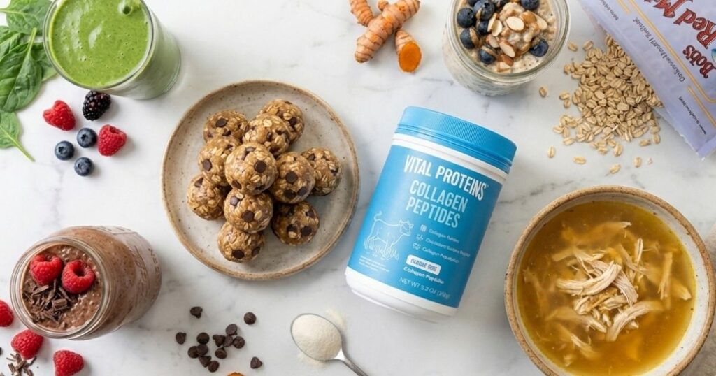 A vibrant flat-lay table spread displaying a variety of high-protein collagen recipes, including a green berry smoothie, turmeric bone broth soup, and chocolate energy balls, arranged on a marble counter for a healthy wellness meal plan.