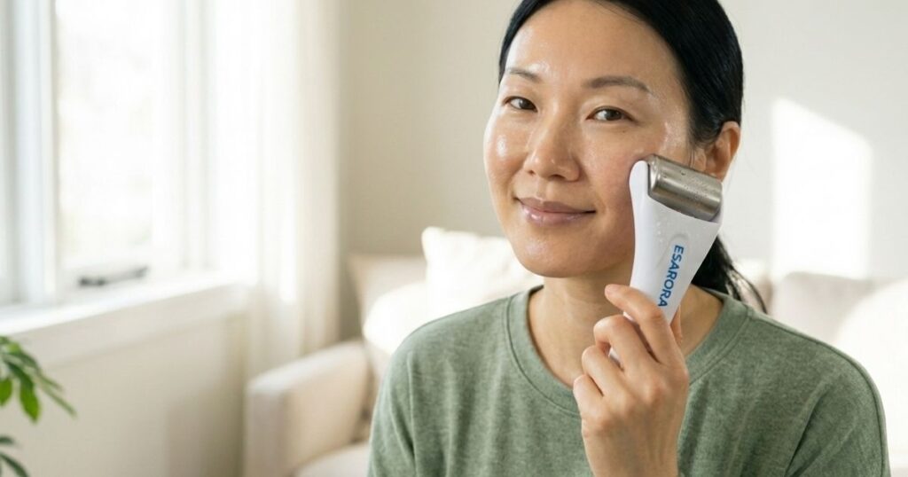 Abby smiling with glowing, hydrated skin holding a stainless steel ice roller in bright morning light, ready for an anti-inflammatory wellness routine.