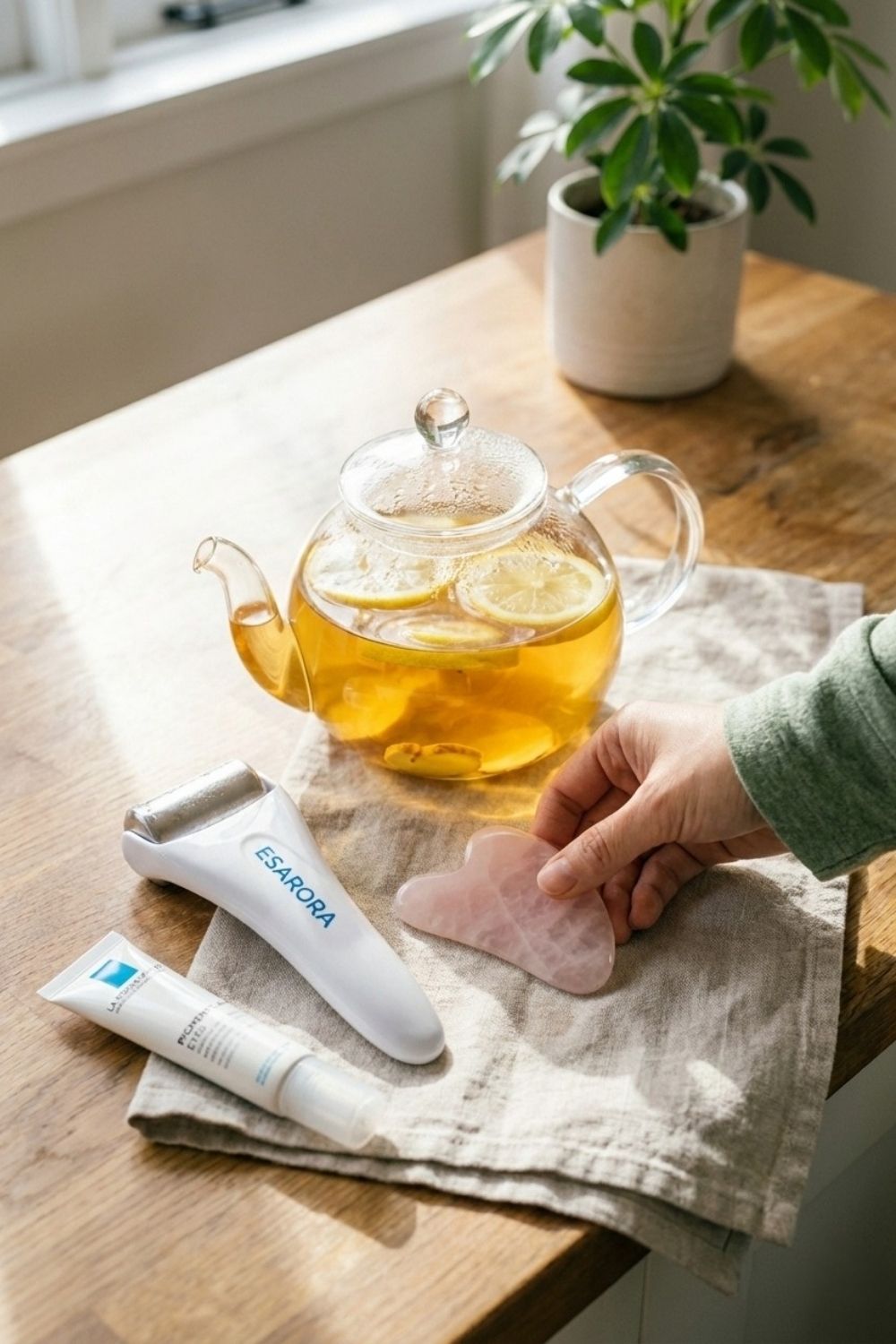 Aesthetic flat lay of morning wellness essentials including a glass teapot, ice roller, gua sha tool, and eye cream on a wooden counter.