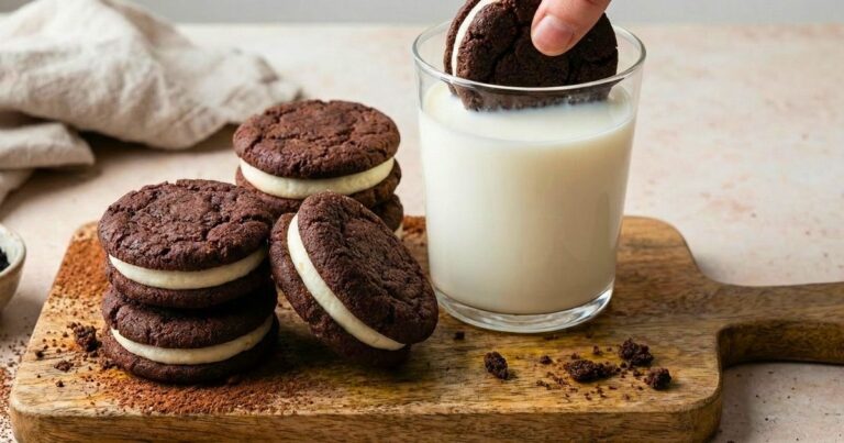 "A wide, high-quality featured image of healthy homemade Oreo cookies scattered on a marble surface with black cocoa powder and ingredients in the background