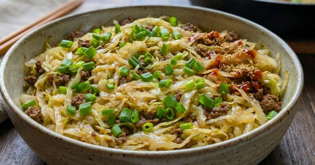 An overhead shot of the "Cabbage Crush" recipe in a cast iron skillet, a budget-friendly and healthy dinner idea under $2 per serving.