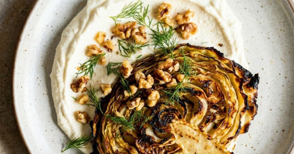 Overhead flat lay view of a finished roasted cabbage steak plate topped with whipped feta, toasted walnuts, and dill.