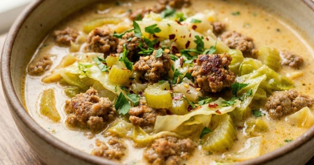 A comforting bowl of Creamy Sausage & Cabbage soup served on a white counter, a perfect 30-minute meal for bloat relief and gut health.
