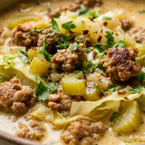 A comforting bowl of Creamy Sausage & Cabbage soup served on a white counter, a perfect 30-minute meal for bloat relief and gut health.