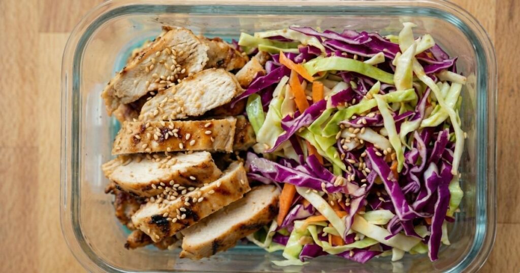 Close up top view of a single meal prep container featuring warm sesame cabbage salad topped with sesame seeds.
