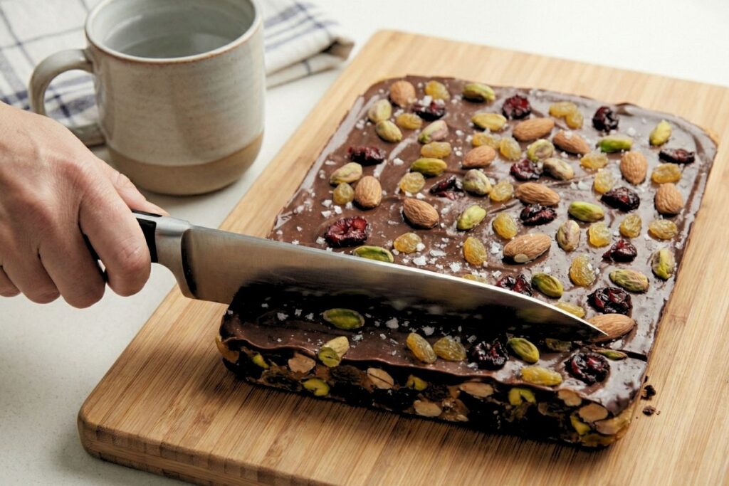 Slicing a large block of dark chocolate fruit and nut bark into square bars using a sharp knife.