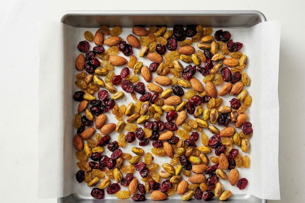 A layer of mixed nuts and dried fruit scattered evenly across the bottom of a parchment-lined baking pan.