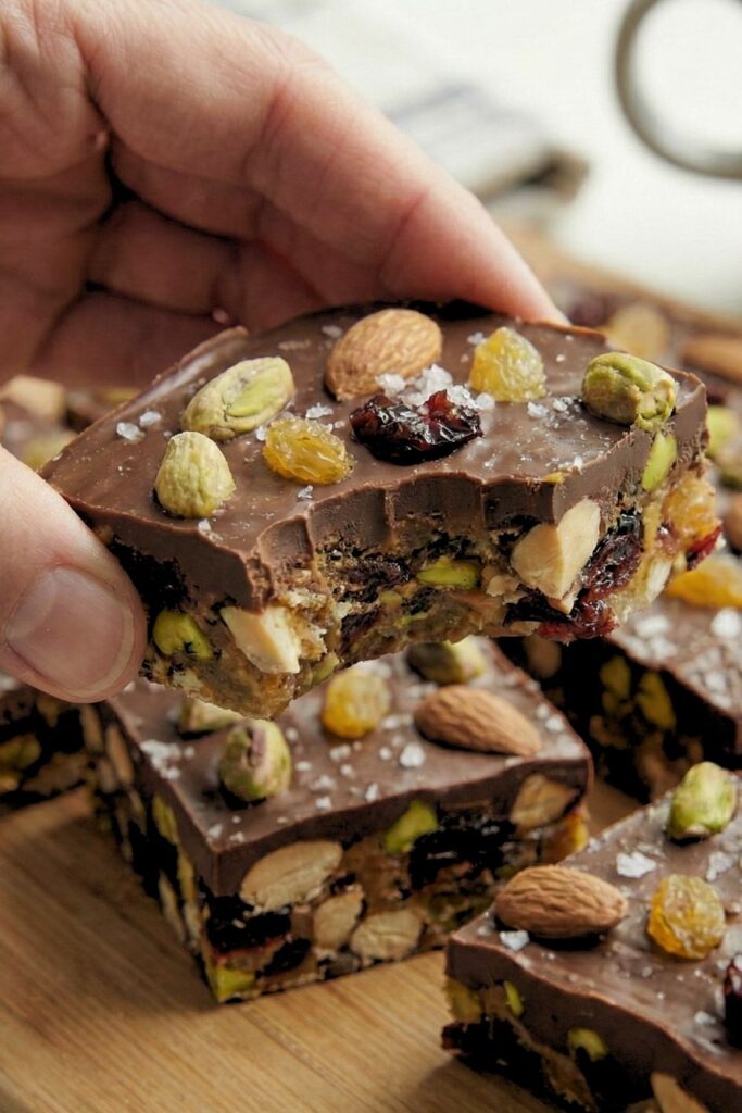 A hand holding a dark chocolate fruit bar with a bite taken out, showing the crunchy texture and layers inside.