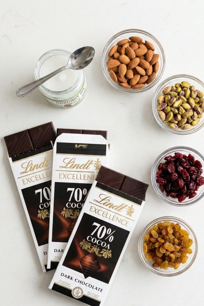 Flat lay of ingredients for dark chocolate fruit bars including Lindt 70% chocolate, raw almonds, pistachios, dried cranberries, and coconut oil.