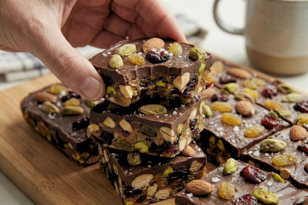 Close up of a broken dark chocolate bar showing the cross-section of roasted nuts and dried fruit inside.