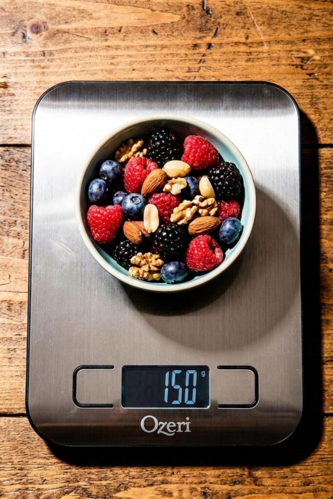 Digital kitchen scale weighing a healthy snack bowl of berries and nuts for portion control and weight loss.