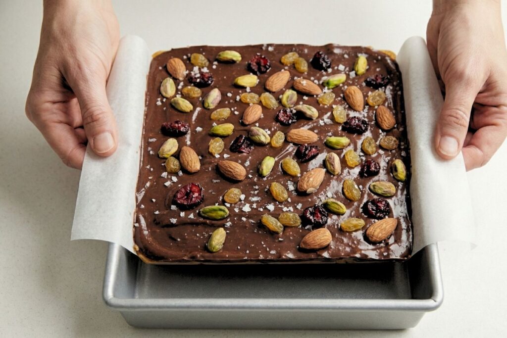 Lifting the set block of dark chocolate fruit and nut bark out of the pan using parchment paper handles.