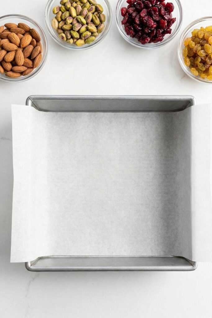 An 8x8 inch square baking pan lined with parchment paper showing overhang handles for easy removal.