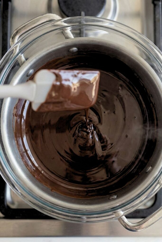 Smooth, glossy melted dark chocolate dripping from a silicone spatula to show the perfect consistency.