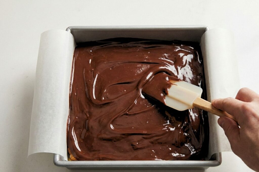 Using a silicone spatula to spread melted dark chocolate evenly into the corners of the pan.