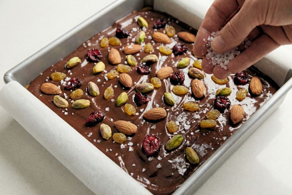 A hand sprinkling flaky sea salt over the unfinished dark chocolate fruit and nut bars.