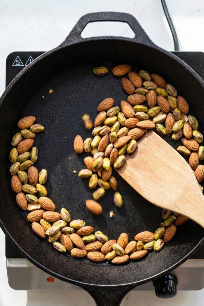 Toasting almonds and pistachios in a dry skillet to enhance flavor before adding to chocolate.