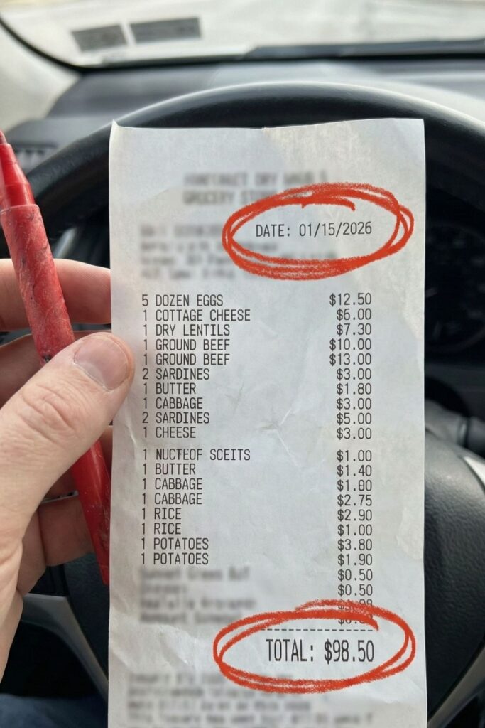 A hand holding a grocery store receipt from January 15, 2026, showing a total of $98.50, proving it is possible to eat high protein on a budget.
