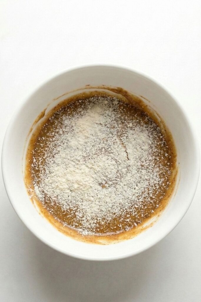 Coconut flour sprinkled over the protein batter to add fiber and bind the bars.