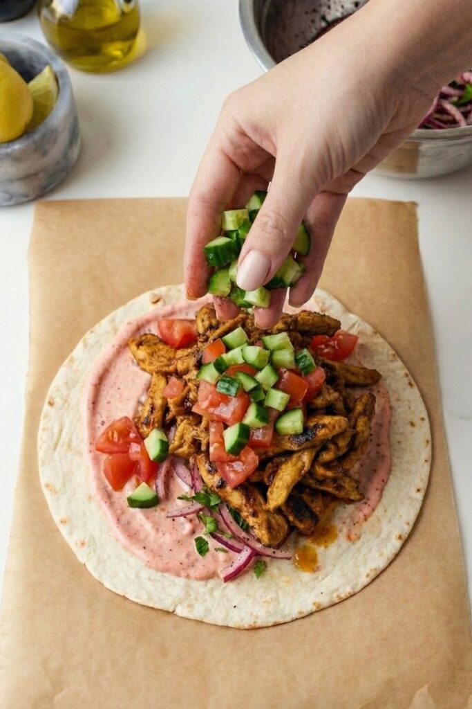 Sprinkling diced cucumbers over the chicken and tomatoes for a fresh crunch in the wrap.
