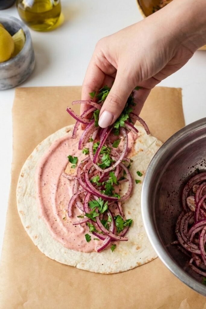 Top down view of adding vibrant sumac onions to the chicken wrap.