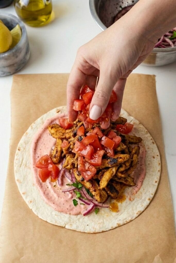 Adding fresh diced tomatoes to the open chicken shawarma wrap for texture.