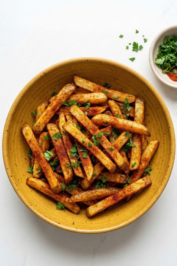 Crispy air fryer fries seasoned with paprika and fresh parsley served in a mustard yellow bowl.