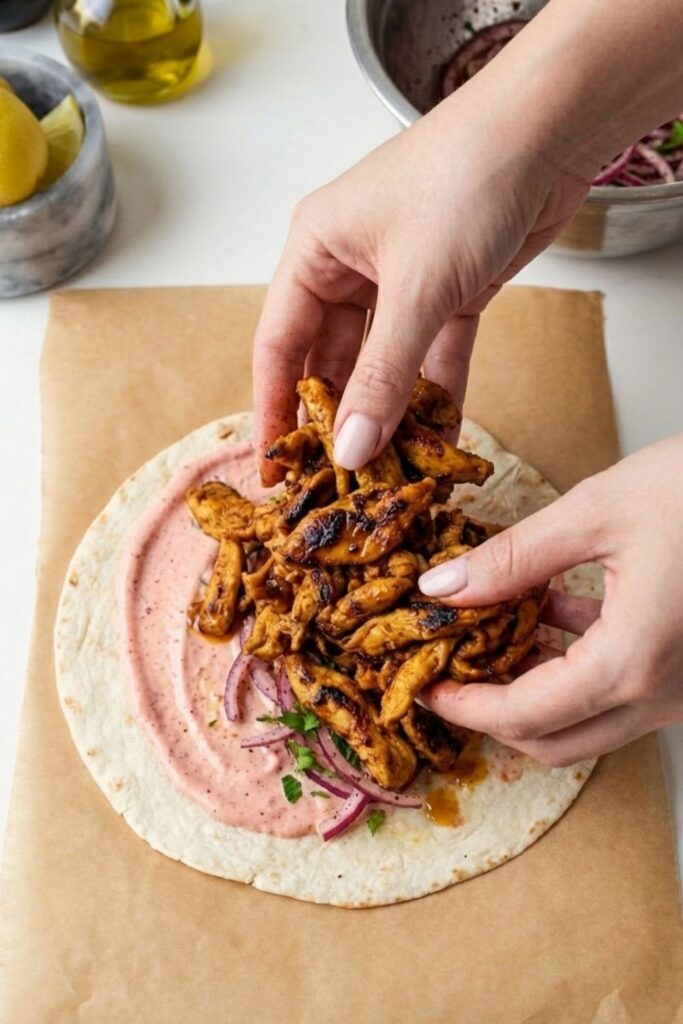 Layering charred chicken breast strips onto the sauce-covered tortilla for a high-protein dinner.