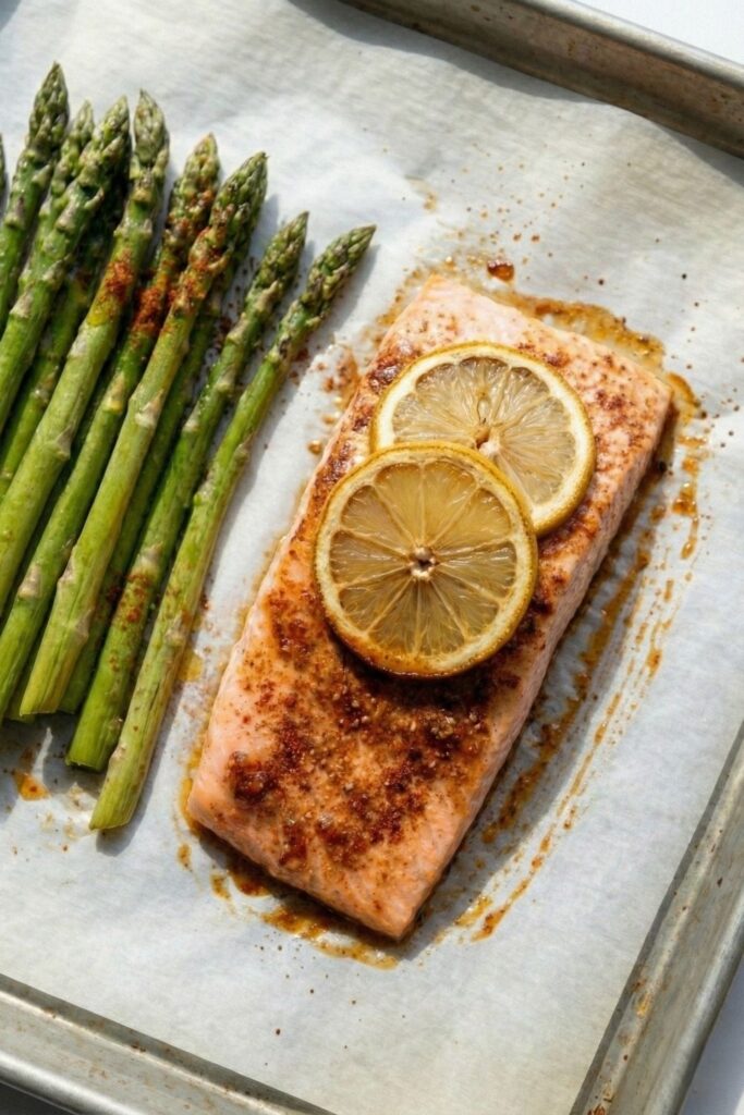 Overhead view of a fully cooked sheet pan dinner featuring opaque, flaky roasted salmon and bright green tender asparagus on parchment paper.
