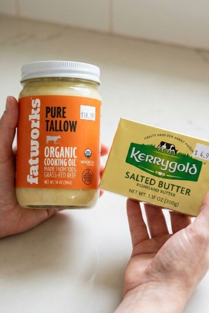 A side-by-side price comparison of expensive Fatworks Grass-Fed Beef Tallow versus affordable generic Salted Butter sticks for budget keto cooking.