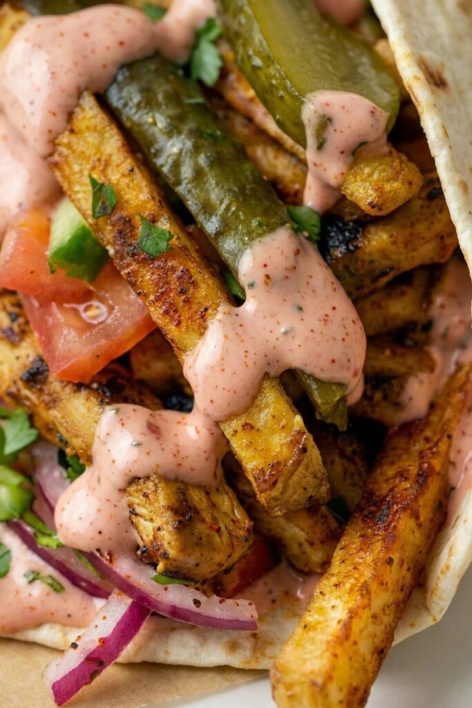 Extreme close up of chicken shawarma wrap showing the texture of charred meat, pickles, and creamy sauce.