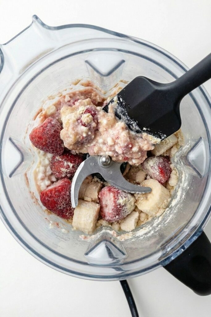 The ice cream mixture in a crumbly, thick stage inside the blender before it becomes fully creamy and smooth.