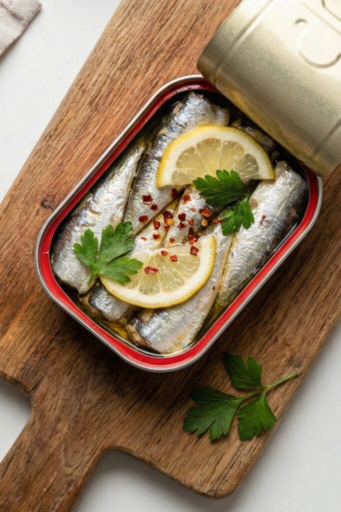 An open tin of sardines styled aesthetically on a wooden board with fresh lemon slices and parsley, showcasing affordable Omega-3 sources.