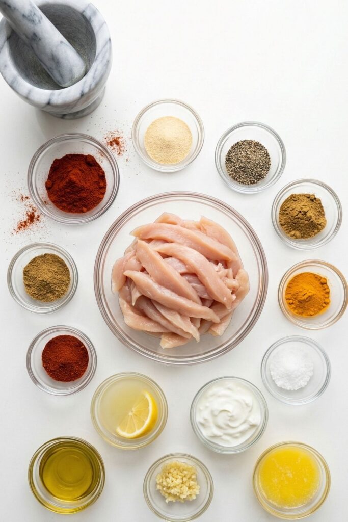 Ingredients for healthy chicken shawarma marinade including smoked paprika, cumin, lemon, and raw chicken breast on a white table.