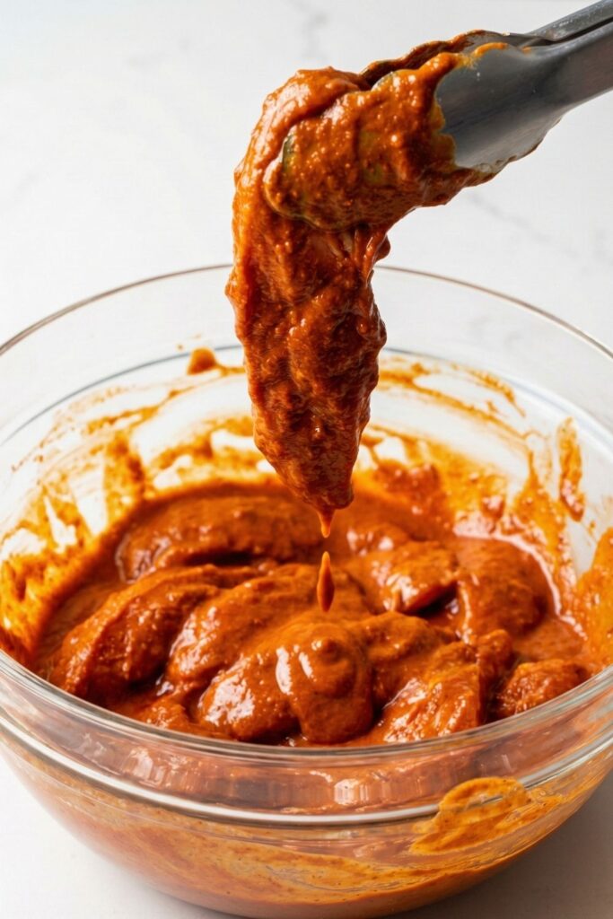 Lifting a marinated chicken strip with tongs to show the thick, high-protein yogurt coating dripping slowly.