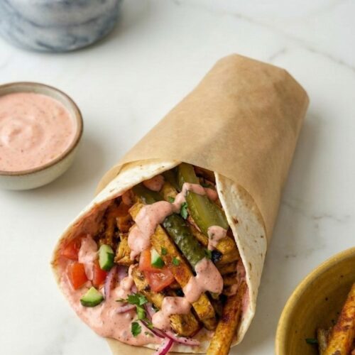 Overhead view of a complete high-protein shawarma meal with a wrap and a side of paprika fries.