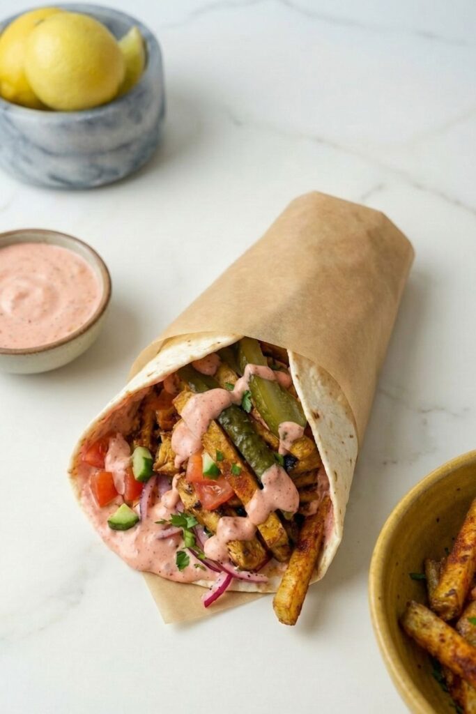 Overhead view of a complete high-protein shawarma meal with a wrap and a side of paprika fries.
