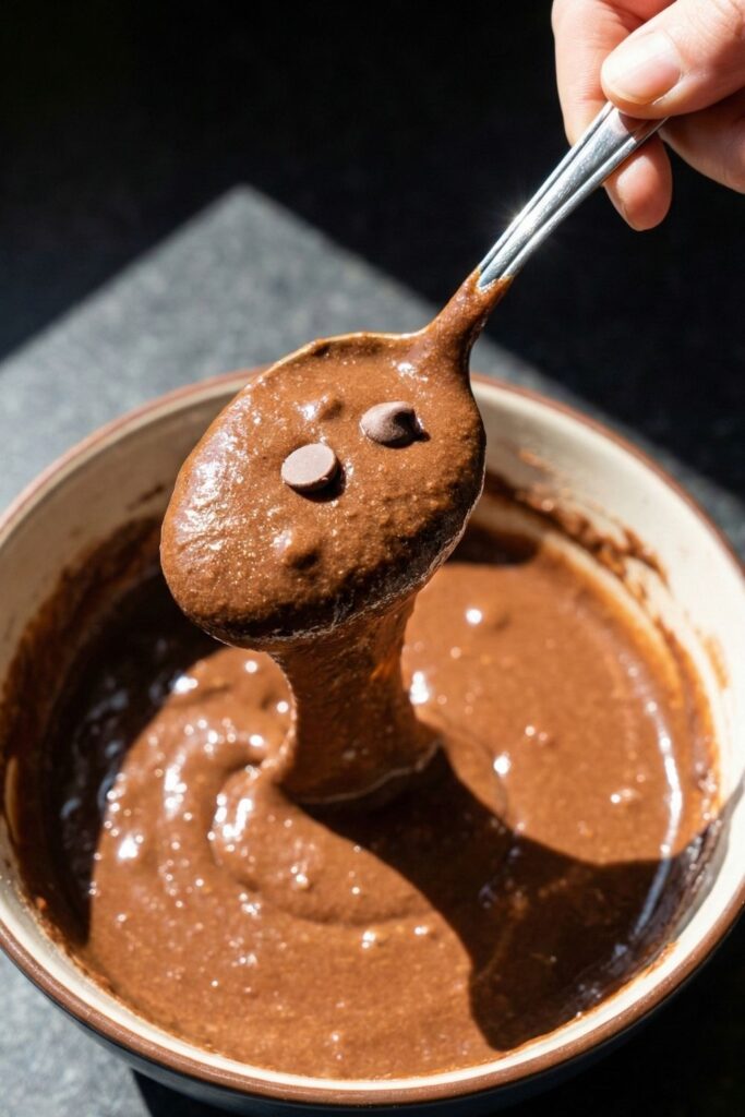 A spoonful of thick, glossy chocolate casein pudding being lifted from the bowl, topped with chocolate chips and glistening under hard lighting.